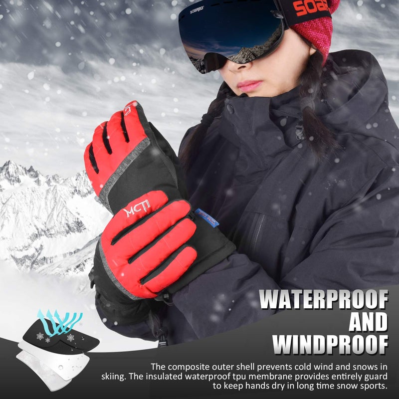 MCTi Ski Gloves,Winter Waterproof Snowboard Snow 3M Thinsulate Warm Touchscreen Cold Weather Women Gloves Wrist Leashes Red Medium - Image 2